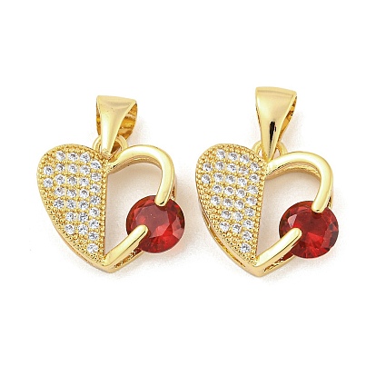 Brass Micro Pave Red Cubic Zirconia Pendants, Heart
