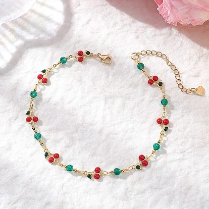 Браслеты на лодыжку для женщин из латуни с эмалью, зеленым стеклом и красными вишневыми звеньями