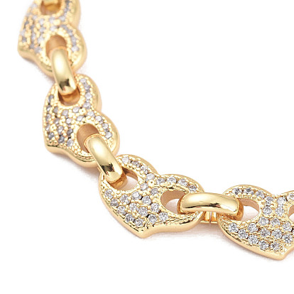 Brass Micro Pave Clear Cubic Zirconia Link Chain Bracelets, with Lobster Claw Clasps, Textured, Heart