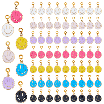 70 шт. 7 цвета сплава эмали европейские подвески-шармы, плоские круглые с улыбающееся лицо, золотые