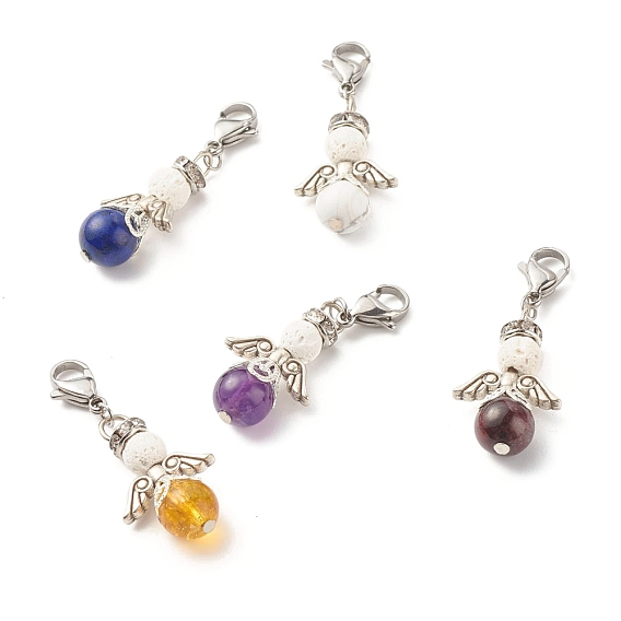 Natural Gemstone & Lava Rock Bead Pendants, with Tibetan Style Alloy Beads, Wing