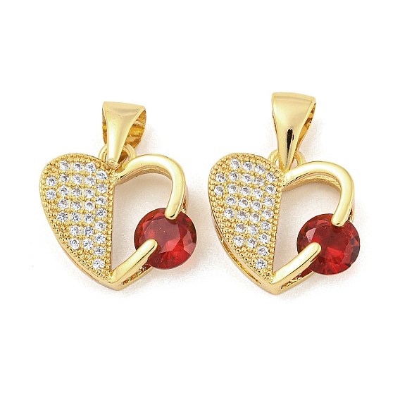Brass Micro Pave Red Cubic Zirconia Pendants, Heart