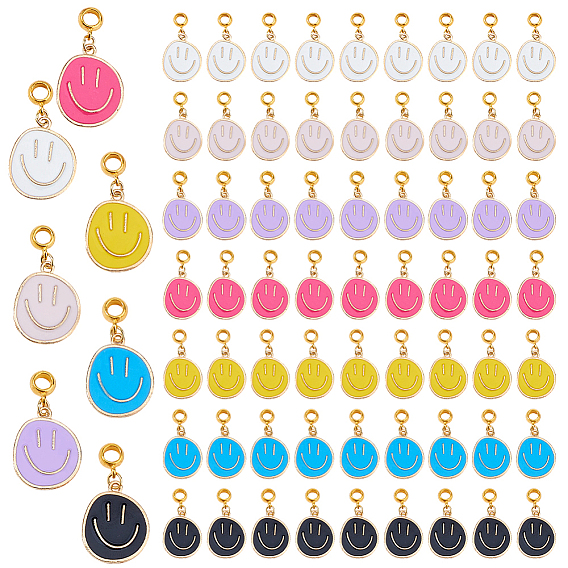 70 шт. 7 цвета сплава эмали европейские подвески-шармы, плоские круглые с улыбающееся лицо, золотые