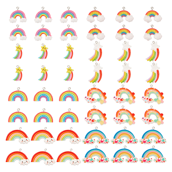 48 шт 8 стили подвески из непрозрачной смолы, очарование радуги и метеора, с платиновыми тоновыми железными петлями