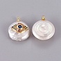 Natural Cultured Freshwater Pearl Pendants, with Brass Cubic Zirconia Cabochons, Long-Lasting Plated, Flat Round with Horse Eye