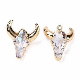 Glass Pendants, with Light Gold Plated Brass Findings, Cattle Head Charms
