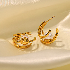 18K Gold Plated Stainless Steel Pearl Inlaid C-shaped Earrings - Fashionable and Versatile Ear Accessories