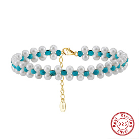 Natural Turquoise Weave Shell Pearl Beaded Bracelets, Adjustable 925 Sterling Silver Clasps Bracelets