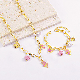 304 Stainless Steel Enamel Charms Bracelets & Pendant Necklaces Sets, Butterfly & Tulip & Bees