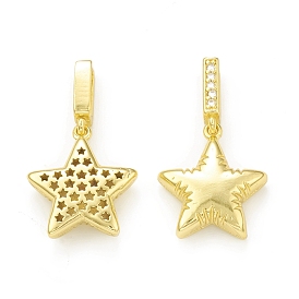 Rack Plating Brass Micro Pave Clear Cubic Zirconia Pendants, Cadmium Free & Lead Free, Long-Lasting Plated, Hollow Star Charm