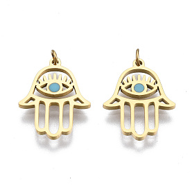 304 Stainless Steel Enamel Charms, with Jump Rings, Hamsa Hand/Hand of Fatima/Hand of Miriam with Eye