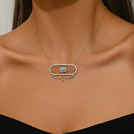 Ожерелья с подвеской в виде кисточки из латуни с небесно-голубым кубическим цирконием и полыми овальными кулонами для женщин