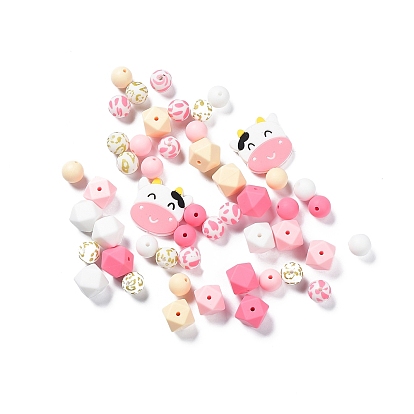 Round/Polygon/Cow Head Food Grade Eco-Friendly Silicone Focal Beads, Chewing Beads For Teethers, DIY Nursing Necklaces Making