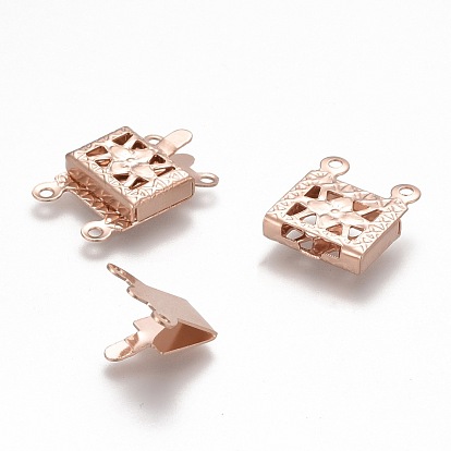 304 Stainless Steel Box Clasps, Multi-Strand Clasps, 2-Strands, 4-Holes, Rectangle with Flower