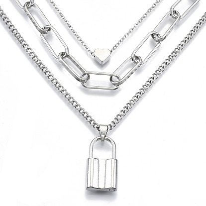 Zinc Alloy 3 Layered Necklaces, Lead Free & Nickel Free, with Lobster Claw Clasps and Heart Beads, Padlock