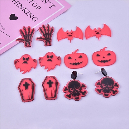 Halloween Theme Transparent Acrylic Pendants, Bat/Skull/Ghost/Pumpkin/Tomb Charms