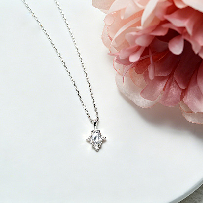 Brass Pave Clear Cubic Zirconia Pendant Necklaces, Rhombus