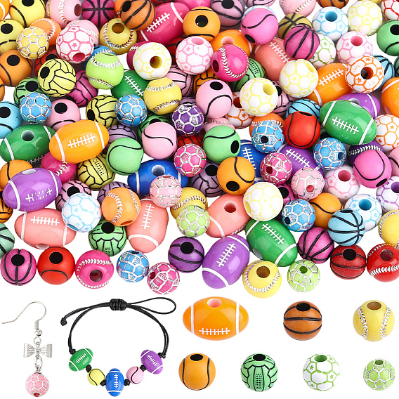 175Pcs 7 Styles Sports Theme Opaque Acrylic Beads, Mixed Shapes