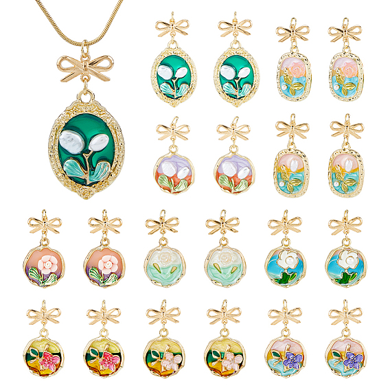 20Pcs 10 Styles Floral Theme Alloy Enamel Pendants, Flat Round & Oval