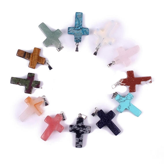 Natural & Synthetic Gemstone Pendants, with Platinum Tone Brass Findings, Cross