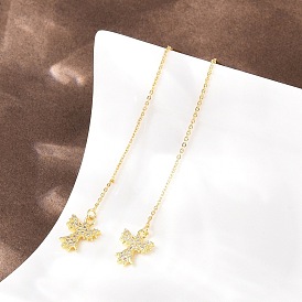 Серьга-нить из латуни с микропаве и прозрачными кубическими циркониями., стойки покрытие, долговечный, без свинца и без кадмия