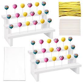2 juegos 3 soportes de exhibición de madera para organizar piruletas de 3 niveles, con 100 piezas de bridas de alambre de hierro, 100unidades de palitos de papel sólido y 100unidades de bolsas de regalo de celofán OPP