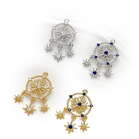 Brass Micro Pave Cubic Zirconia Pendants, Flat Round with Snowflake
