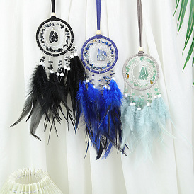 Gemstone Woven Web/Net with Feather Pendant Decorations, with Wood Beads, Covered with Cotton Lace and Villus Cord