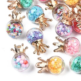 Glass Ball Pendants, with Glitter Sequins and CCB Plastic Findings, with Polyfoam, Round with Crown
