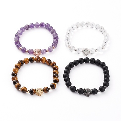 Round Natural & Synthetic Gemstone Stretch Beaded Bracelets, with Mixed Color Brass Micro Pave Cubic Zirconia Leopard Beads