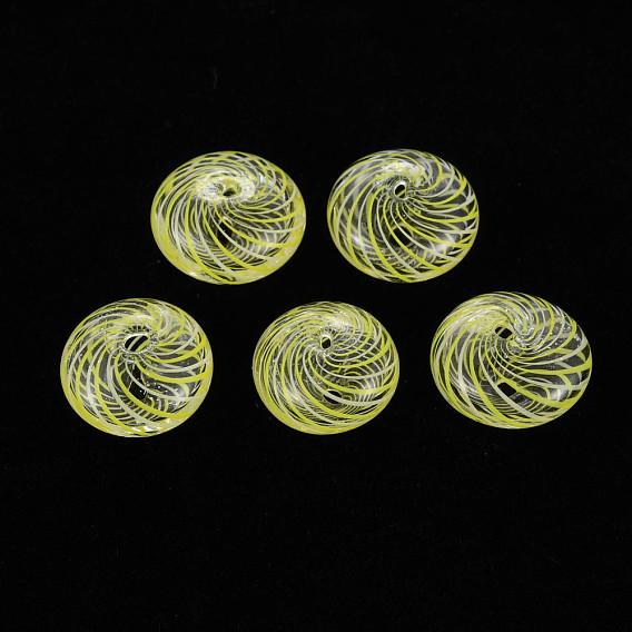 Transparent Handmade Blown Glass Globe Beads, Stripe Pattern, Flat Round
