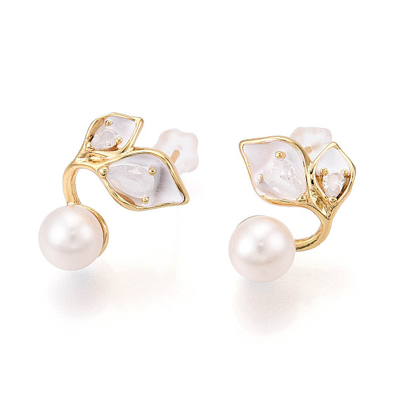 Серьги-гвоздики из натурального жемчуга из латуни, с кубическим цирконием и 925 серебряными штифтами, лист