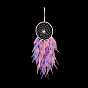 Toile/filet tissé en fer avec des décorations de pendentifs en plumes, avec des perles de perles en plastique, recouvert d'un cordon en cuir, plat rond
