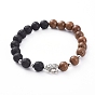 Unisex Stretch Bracelets, with Natural Lava Rock Beads, Tibetan Style Alloy Beads, 304 Stainless Steel Spacer Beads and Wood Beads, Elephant