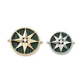 Synthetic Malachite Connector Charms, Brass Pave Clear Cubic Zirconia Flat Round Links with Star