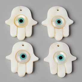 Natural Freshwater Shell Pendants, with Enamel, Hamsa Hand/Hand of Fatima/Hand of Miriam with Evil Eye