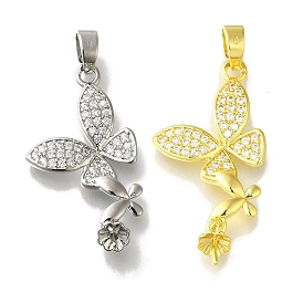 Rack Plating Brass Micro Pave Clear Cubic Zirconia Pendant, Lead Free & Cadmium Free, Long-Lasting Plated, Butterfly