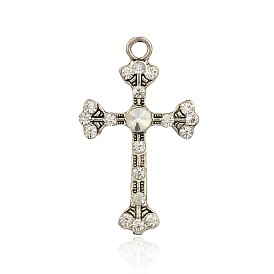 Тибетском стиле сплав горный хрусталь подвески, латинский крест Fleuree, античное серебро, 49.5x30x5 мм, отверстие : 4 мм