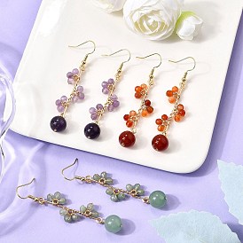 3Pair Natural Amethyst & Natural Carnelian &Natural Green Aventurine Round Dangle Earrings