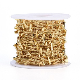 Handmade Brass Twisted Chains, Curb Chains, Soldered, with Rectangle Beads and Spool, Long-Lasting Plated