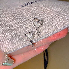 Alloy Rhinestone Studs Earring, Glass Heart Earrings, with Rhodium Plated 925 Sterling Silver Pins