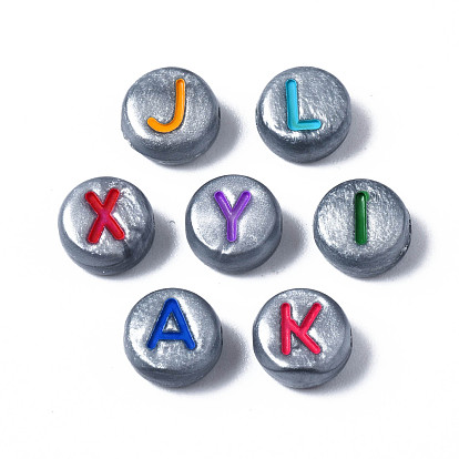 Opaque Gray Acrylic Beads, Horizontal Hole, Flat Round with Mixed Letters