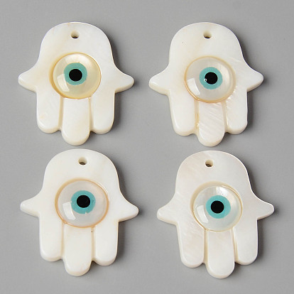 Natural Freshwater Shell Pendants, with Enamel, Hamsa Hand/Hand of Fatima/Hand of Miriam with Evil Eye