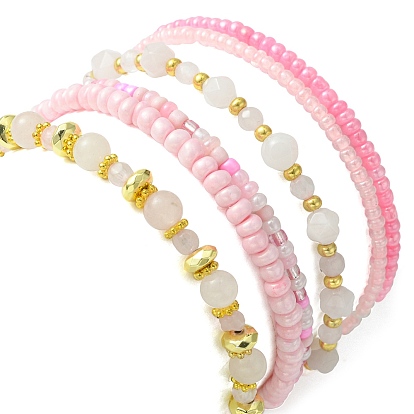 4Pcs 4 Style Natural Rose Quartz & Glass Beaded Stretch Bracelets Set, Heart & Alloy Rose Love Charms Stackable Bracelet for Women