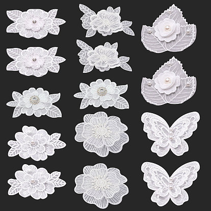 14pcs 7 Stil Spitzenstickerei Kostüm Zubehör, Applikationspflaster, Blume & Blatt & Schmetterling mit Kristall Strass, Basteln Dekoration nähen
