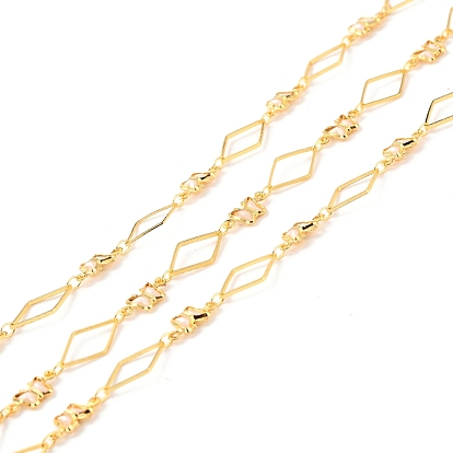 Handmade Brass Link Chains, with Glass, Long-Lasting Plated, Soldered, with Spool, Rhombus & Butterfly, Golden