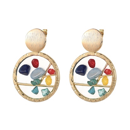 Brass Dangle Stud Earrings, with Ear Nuts, Epoxy Resin Pendants, Gemstone Chip, Glass and Alloy Open Back Bezel, Flat Round