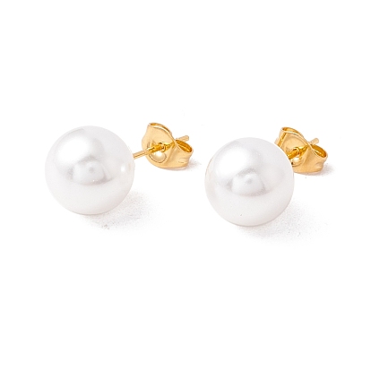 6 Pair Shell Pearl Round Ball Stud Earrings, 304 Stainless Steel Post Earrings for Women, White