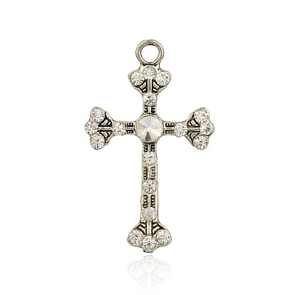 Тибетском стиле сплав горный хрусталь подвески, латинский крест Fleuree, античное серебро, 49.5x30x5 мм, отверстие : 4 мм