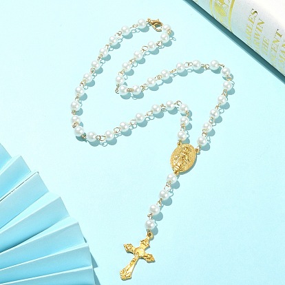 Glass Pearl Rosary Bead Necklaces, Alloy Crucifix Cross & Virgin Mary Pendant Necklace